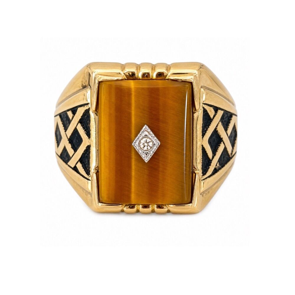 Vintage 1970s Ring Size 11 Tigers Eye Crystal Accent Textured Gold Plated - 14N